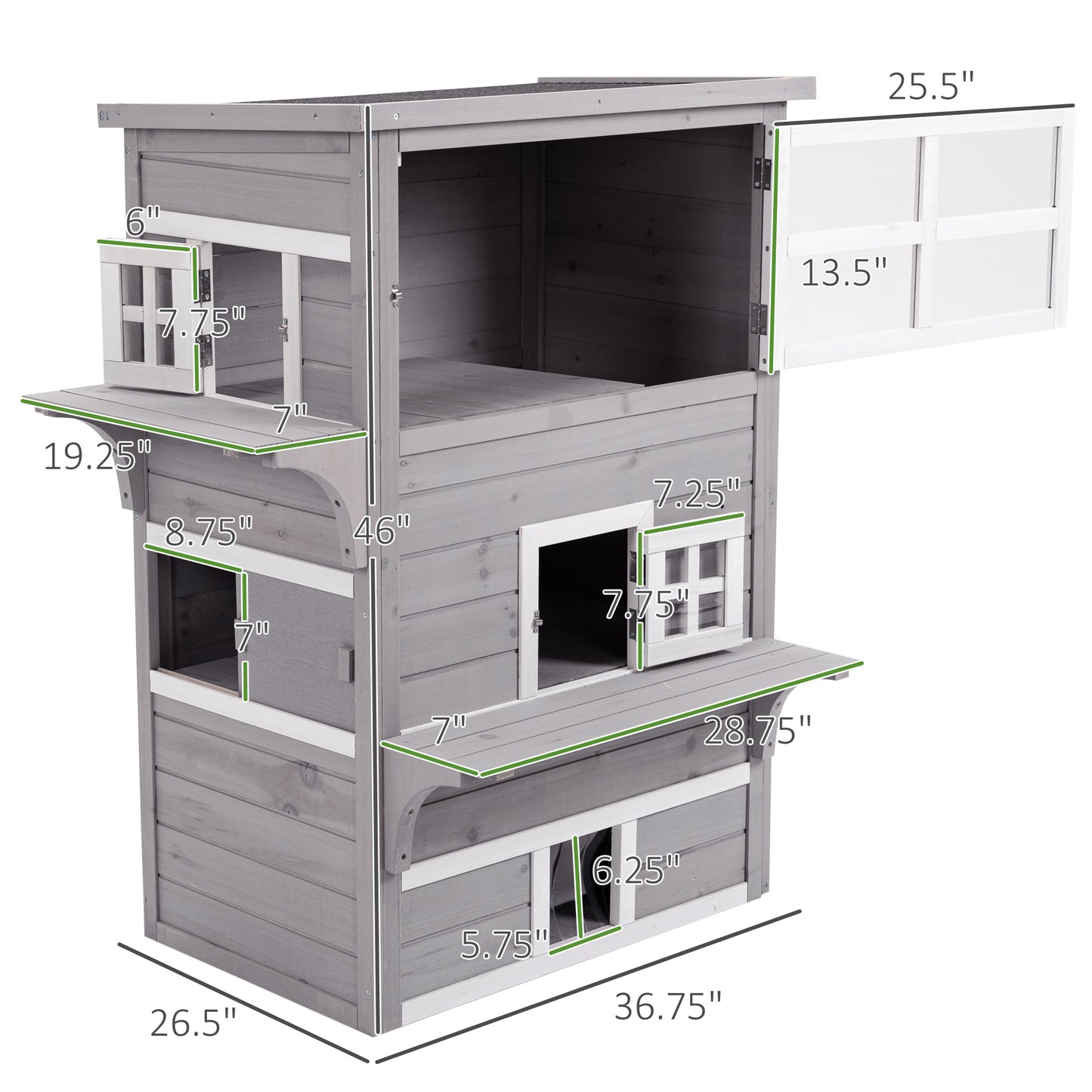 PawHut 3-Story Cat House - Outdoor Kitten Condo with Escape Doors