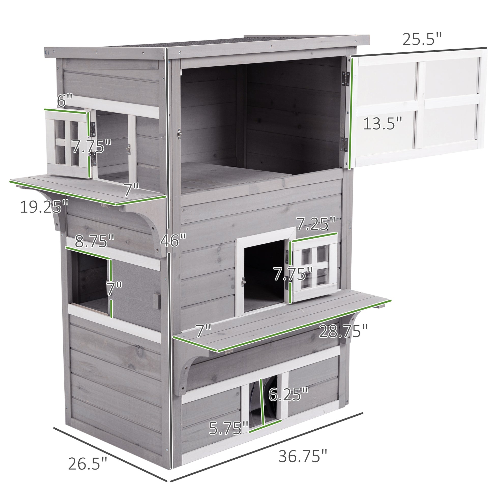 PawHut 3-Story Cat House - Outdoor Kitten Condo with Escape Doors