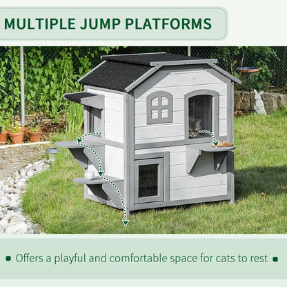 Large White Wooden Cat House - 2 Story Outdoor Shelter