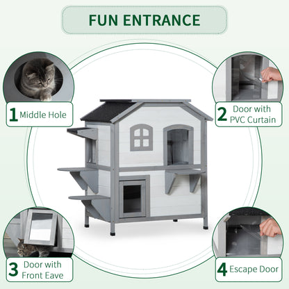 Large White Wooden Cat House - 2 Story Outdoor Shelter