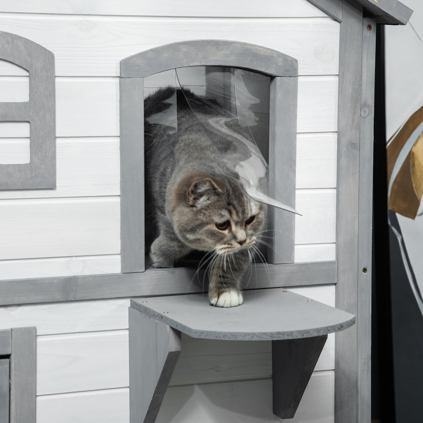 Large White Wooden Cat House - 2 Story Outdoor Shelter