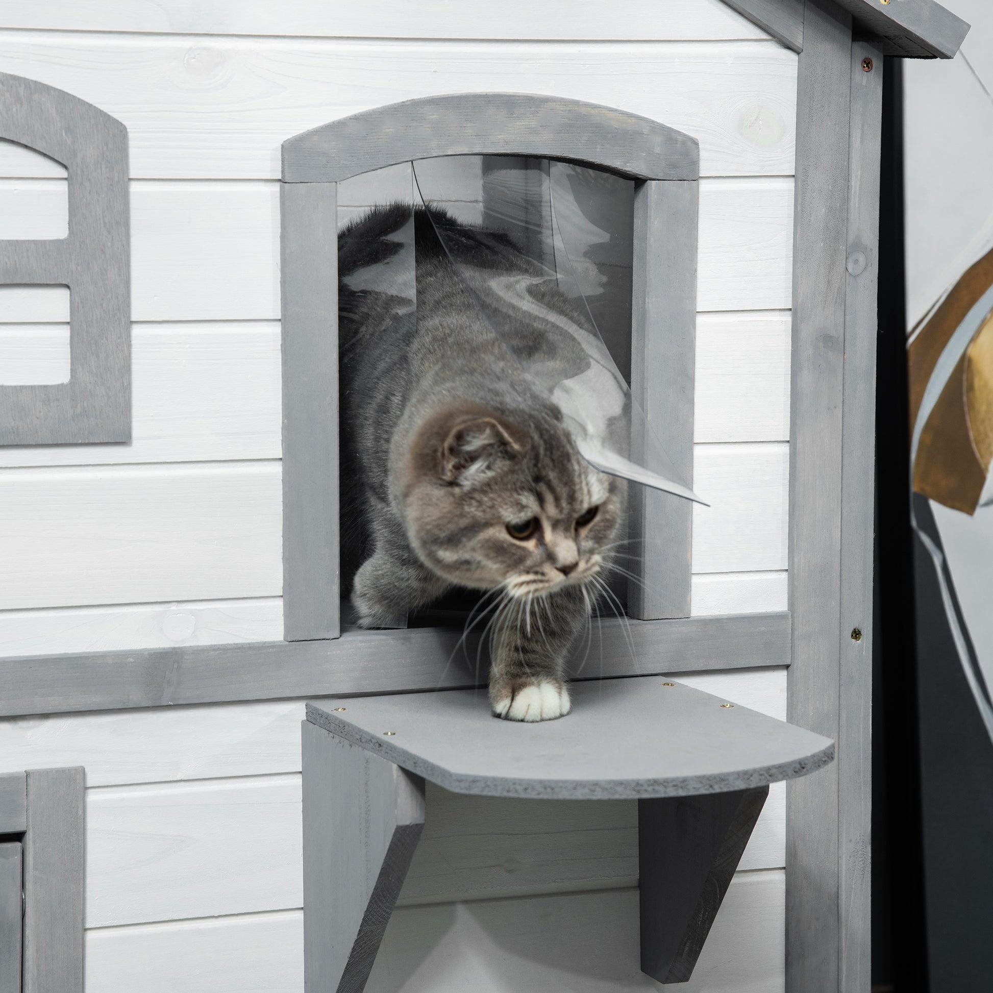Large White Wooden Cat House - 2 Story Outdoor Shelter