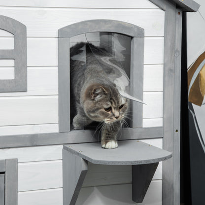 Large White Wooden Cat House - 2 Story Outdoor Shelter