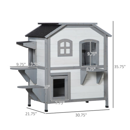Large White Wooden Cat House - 2 Story Outdoor Shelter