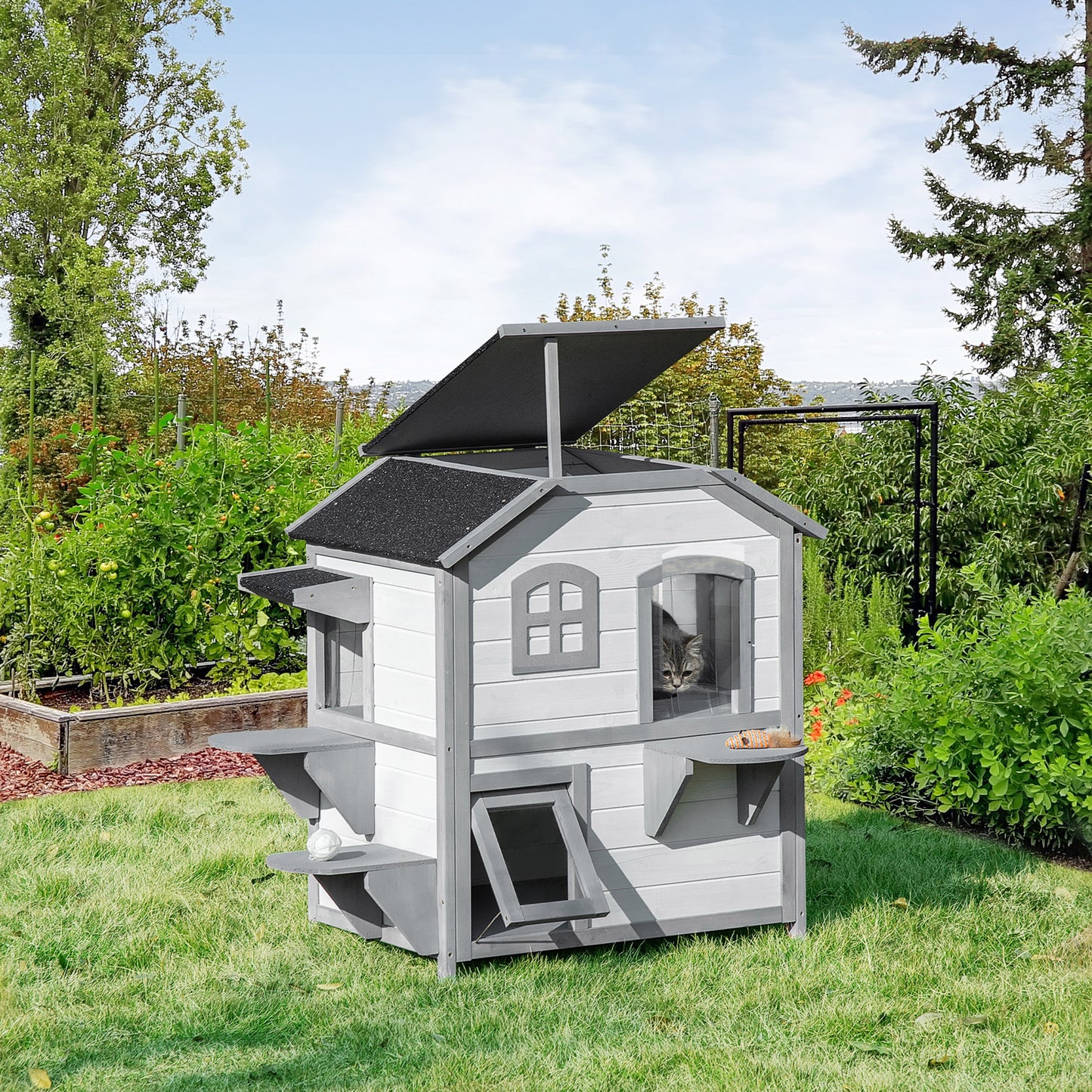 Large White Wooden Cat House - 2 Story Outdoor Shelter