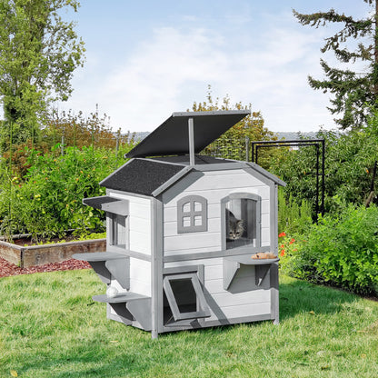 Large White Wooden Cat House - 2 Story Outdoor Shelter