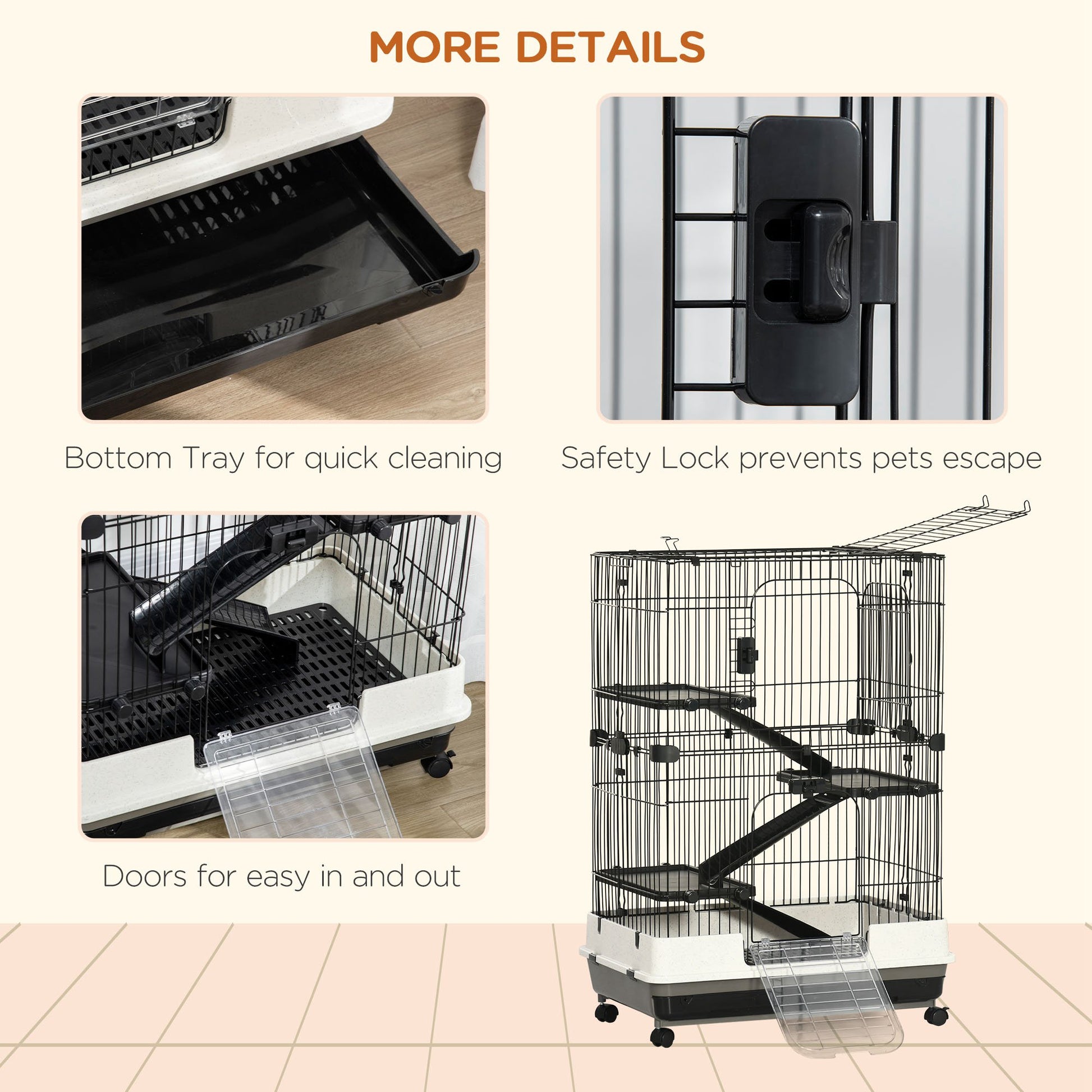 PawHut 4-Level Rabbit Cage with Wheels - Black