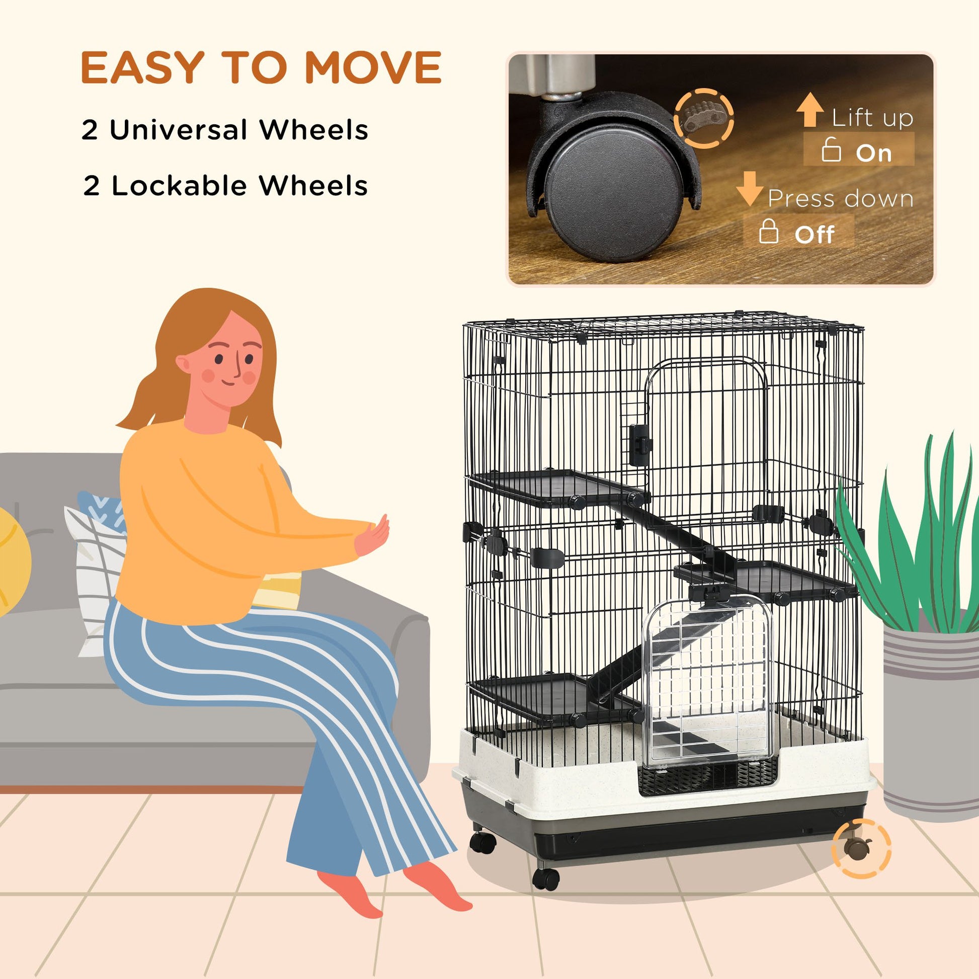 PawHut 4-Level Rabbit Cage with Wheels - Black