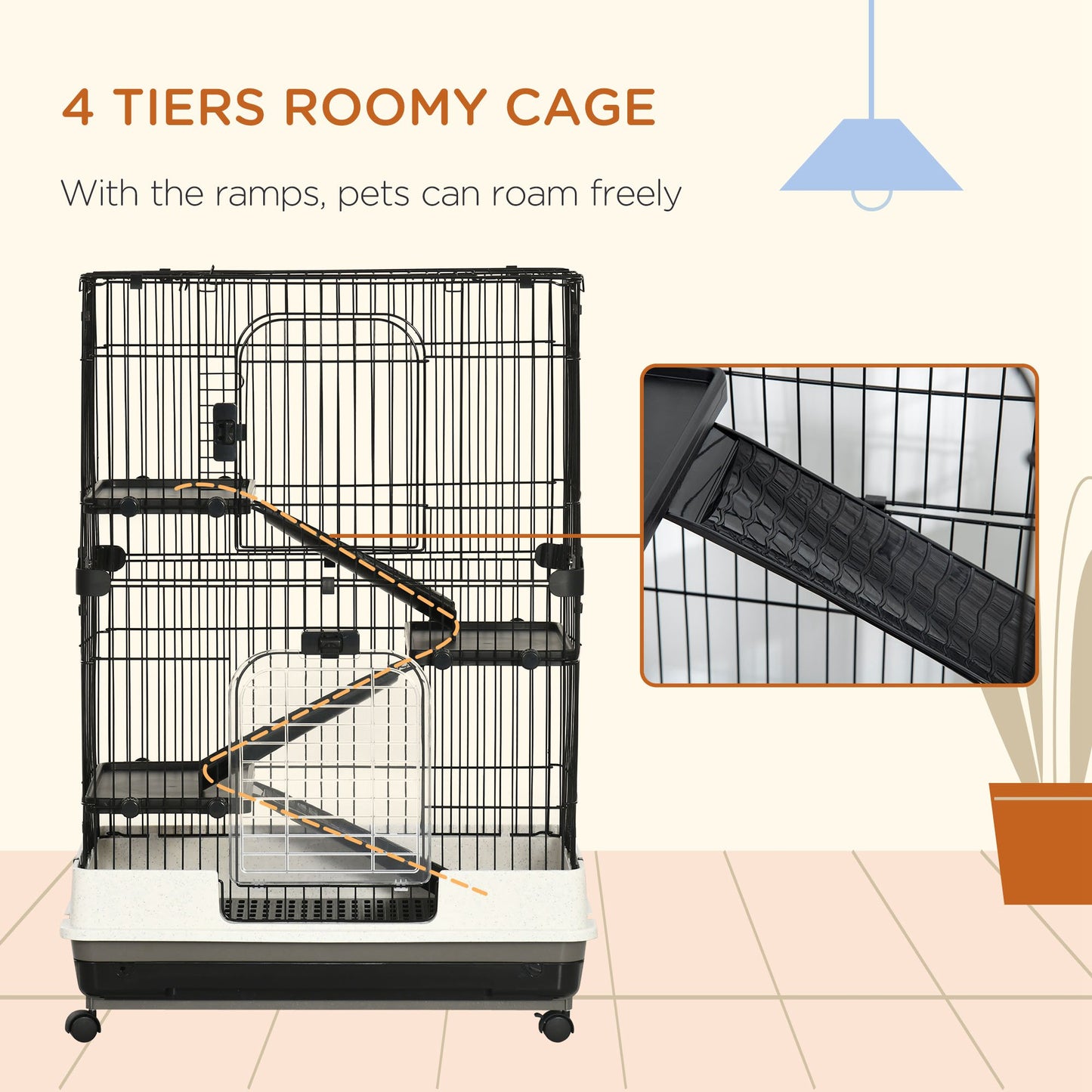 PawHut 4-Level Rabbit Cage with Wheels - Black