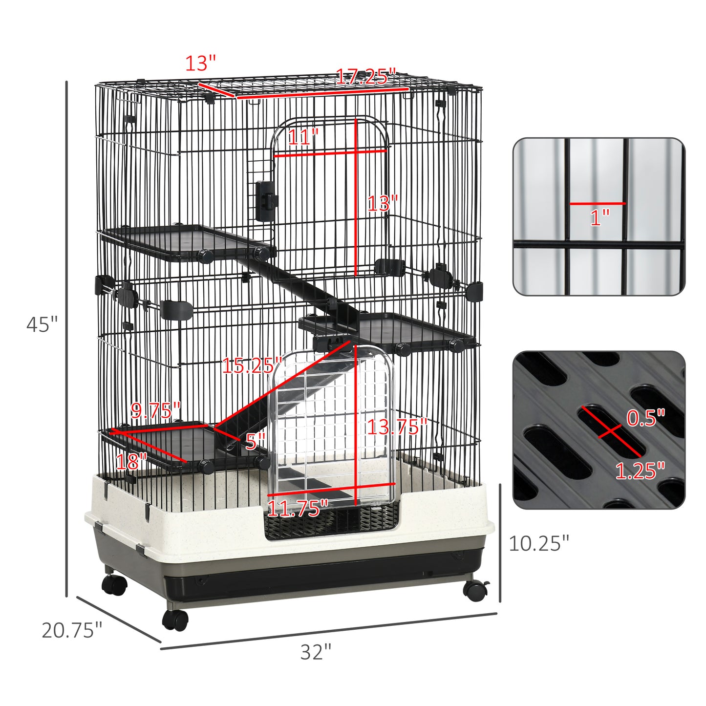 PawHut 4-Level Rabbit Cage with Wheels - Black