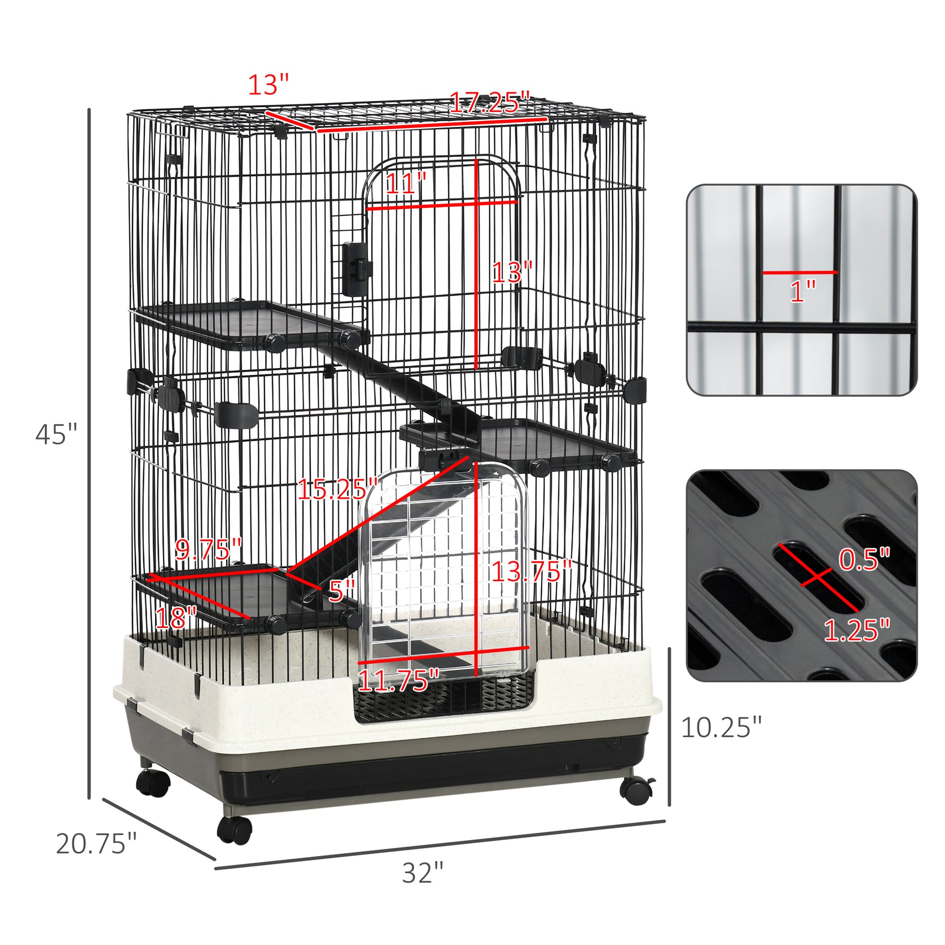 PawHut 4-Level Rabbit Cage with Wheels - Black