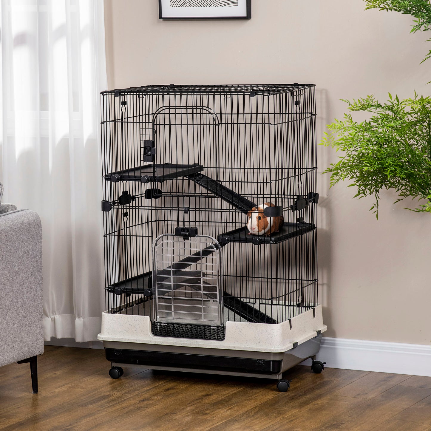 PawHut 4-Level Rabbit Cage with Wheels - Black