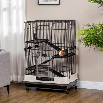 PawHut 4-Level Rabbit Cage with Wheels - Black