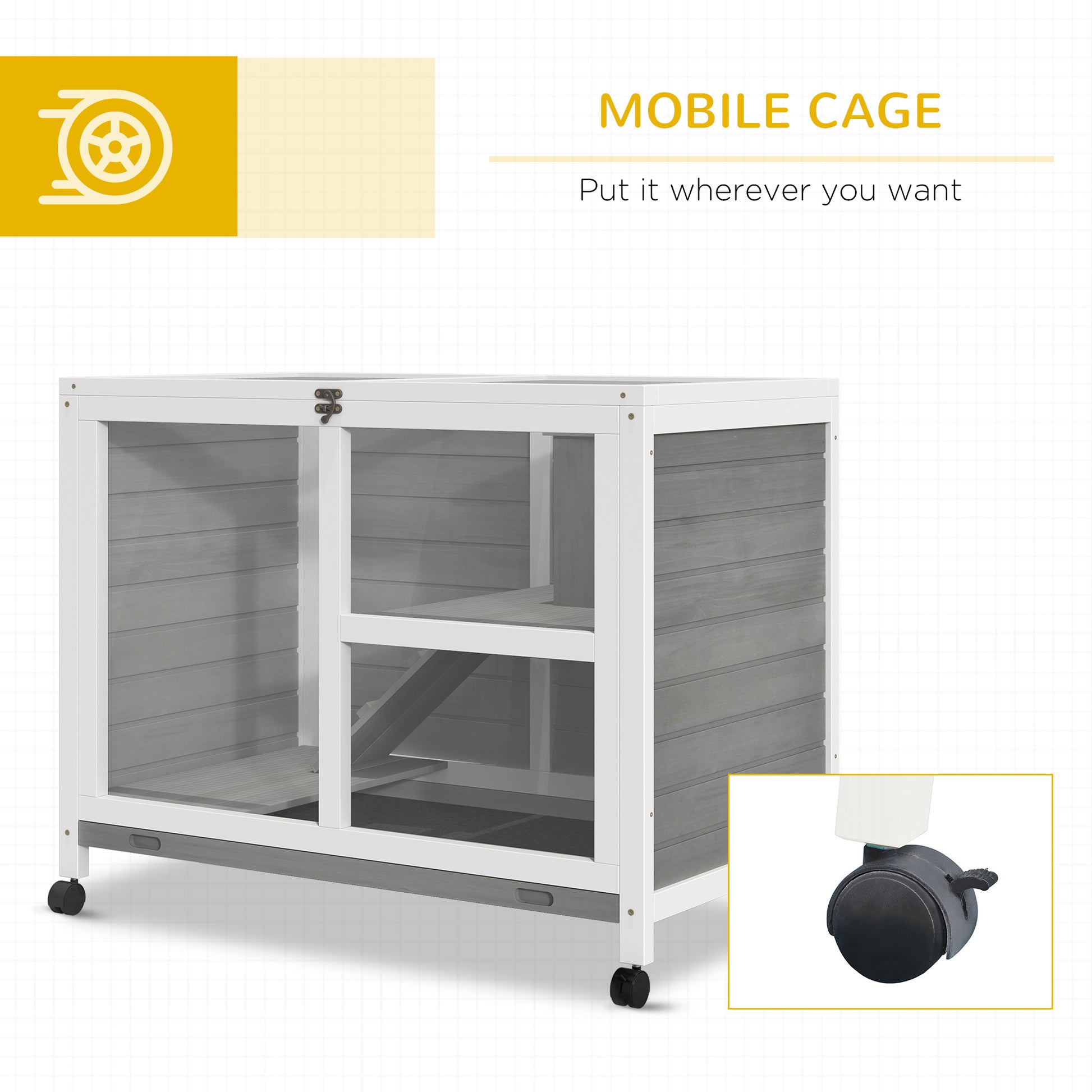 Grey Wood Rabbit Hutch with Wheels - Compact Desk Size