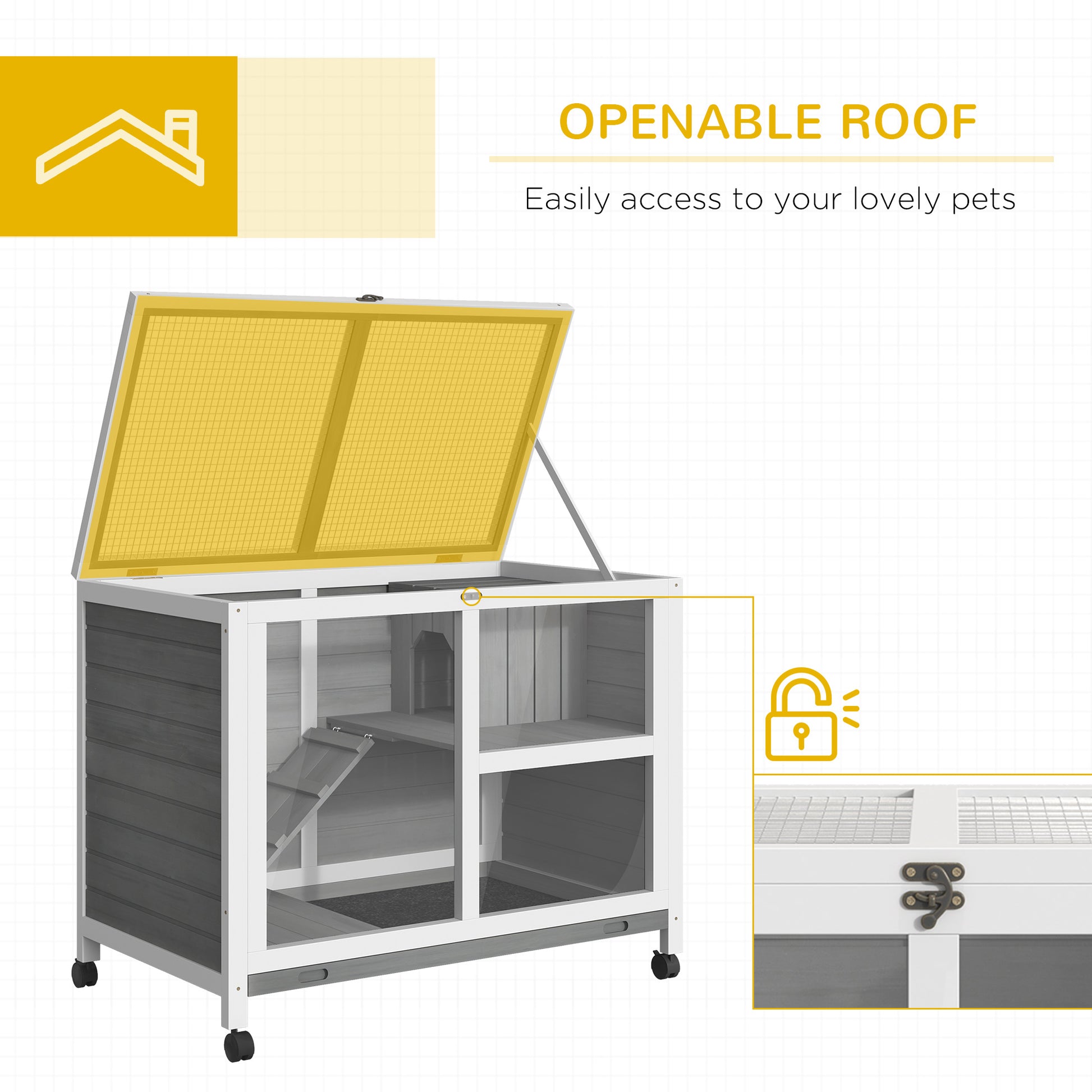 Grey Wood Rabbit Hutch with Wheels - Compact Desk Size