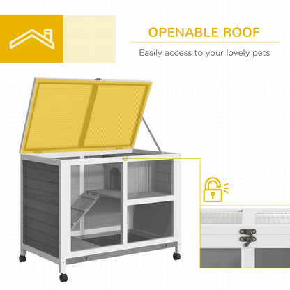 Grey Wood Rabbit Hutch with Wheels - Compact Desk Size
