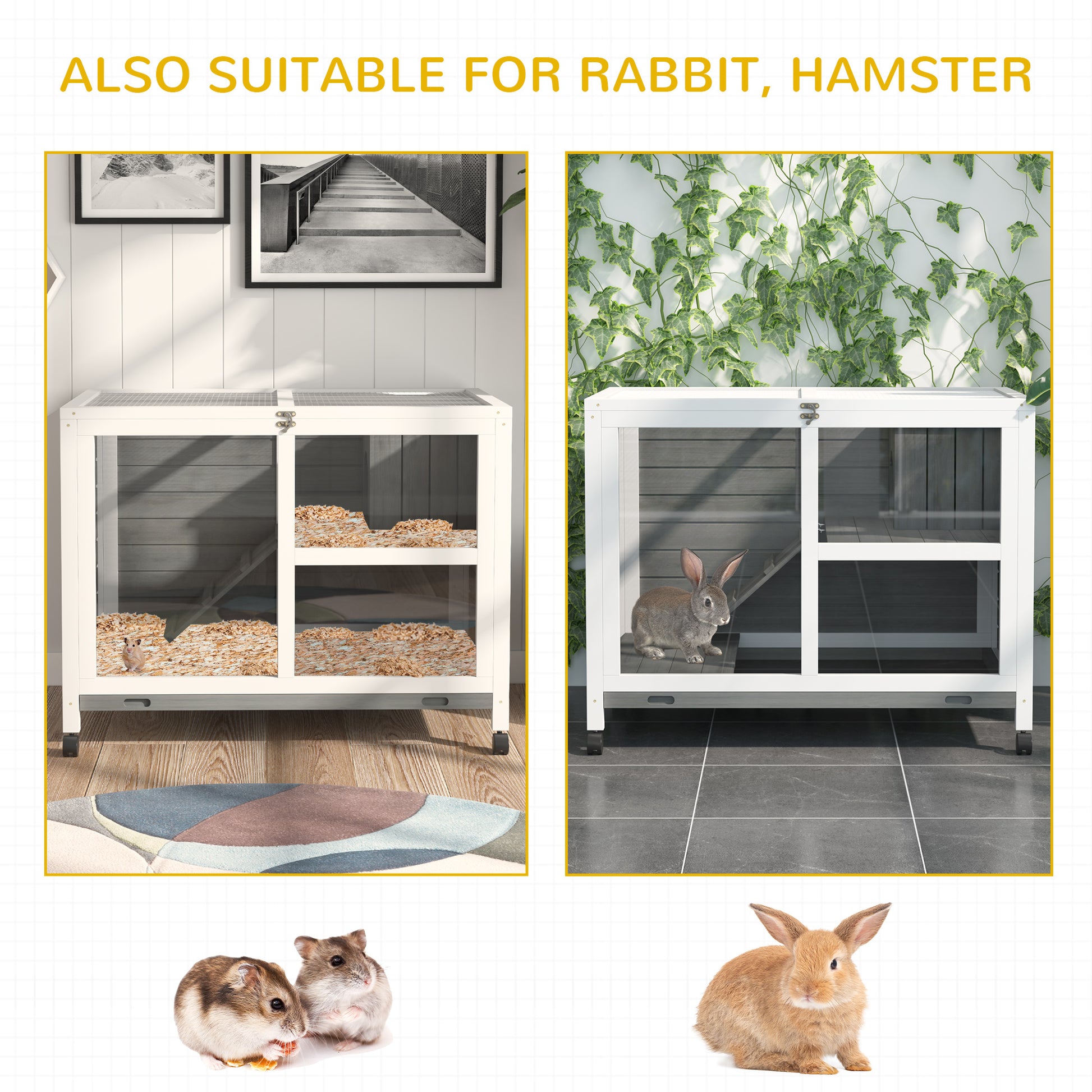 Grey Wood Rabbit Hutch with Wheels - Compact Desk Size