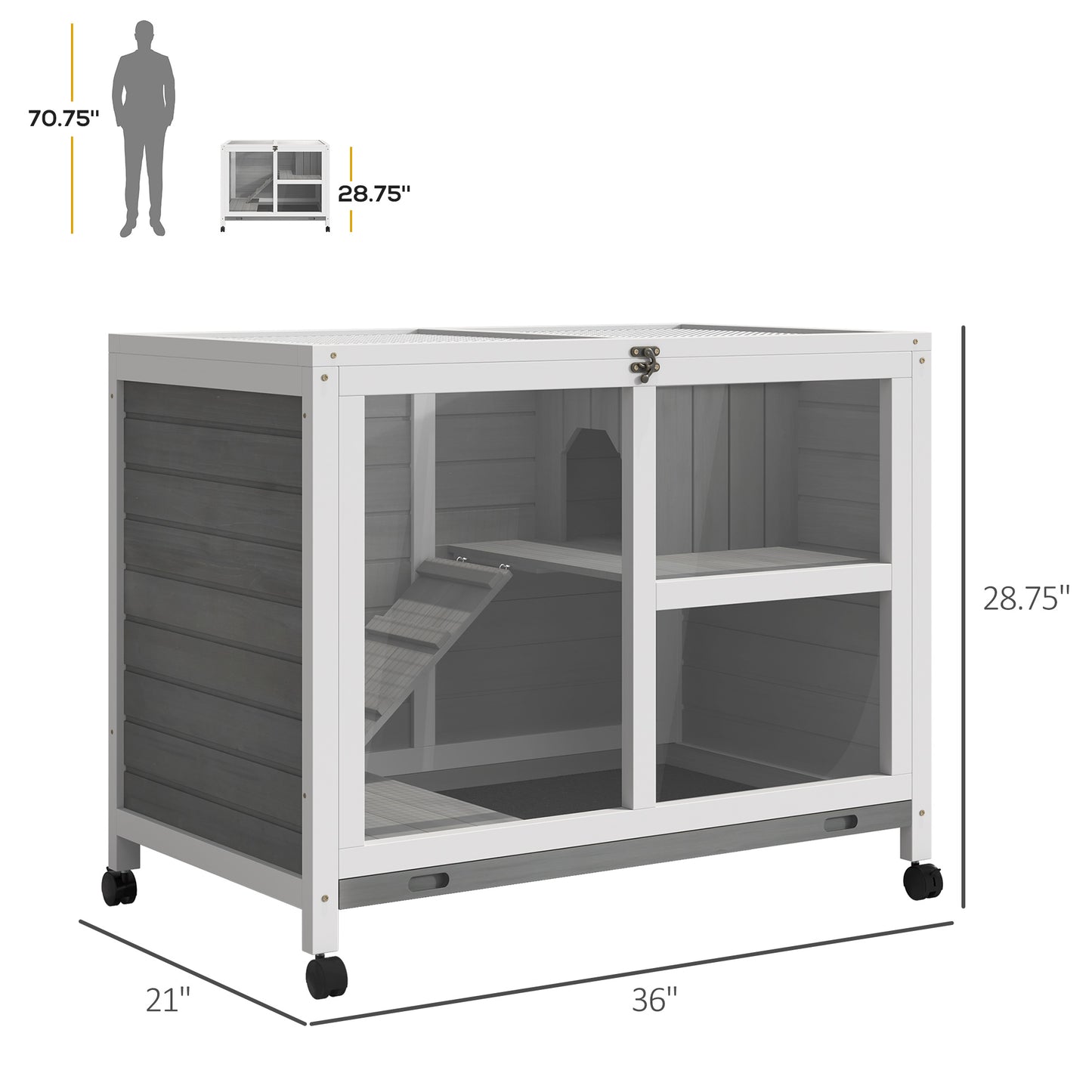 Grey Wood Rabbit Hutch with Wheels - Compact Desk Size