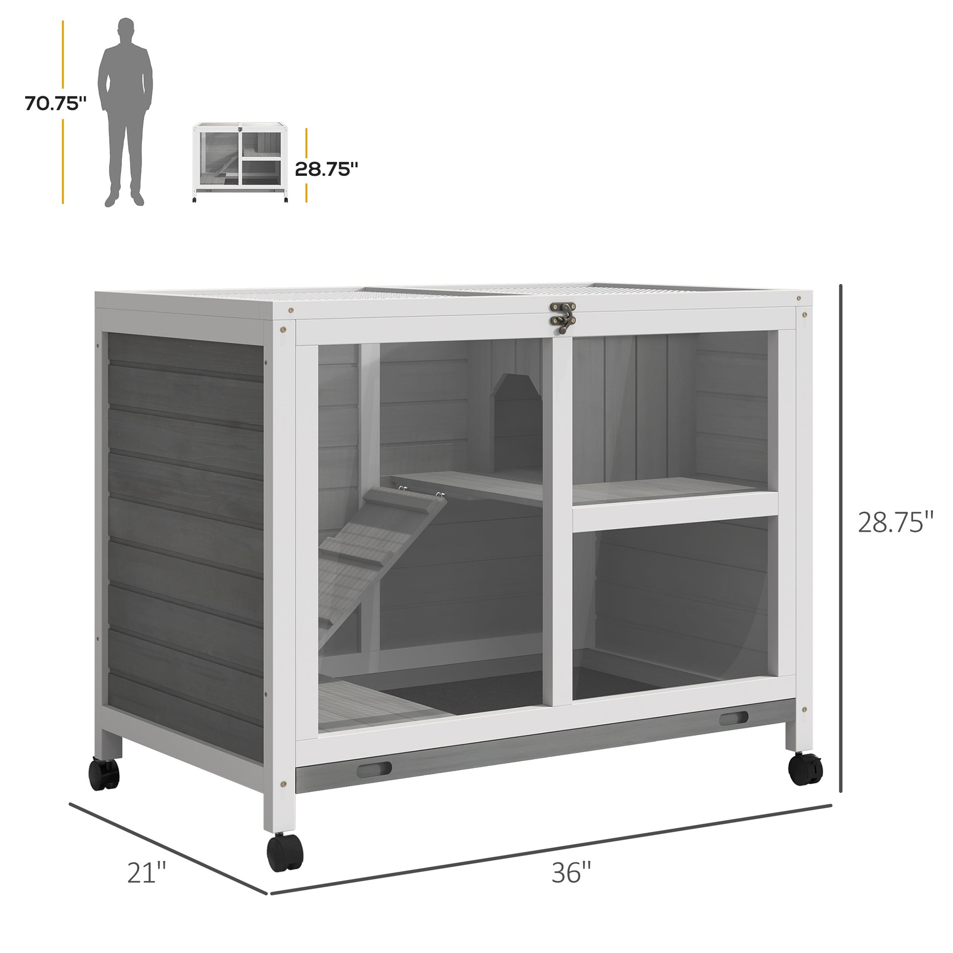 Grey Wood Rabbit Hutch with Wheels - Compact Desk Size