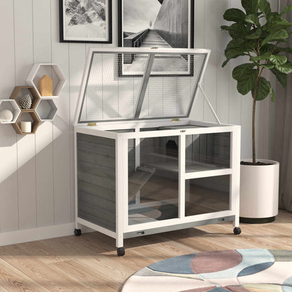Grey Wood Rabbit Hutch with Wheels - Compact Desk Size