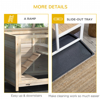Natural Wood Rolling Rabbit Hutch for Indoor Pet Storage