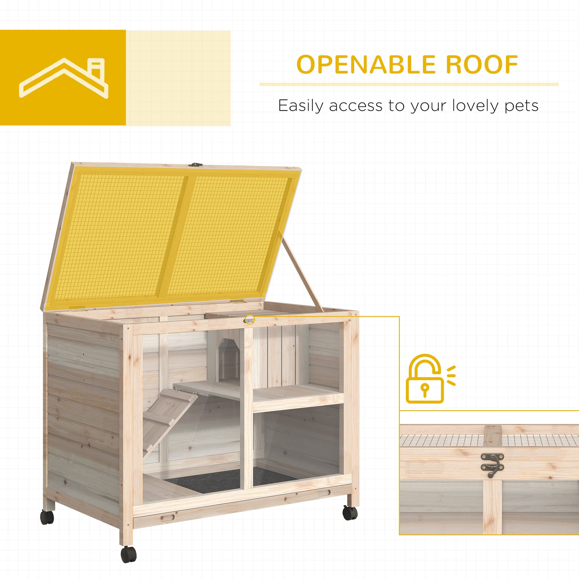 Natural Wood Rolling Rabbit Hutch for Indoor Pet Storage