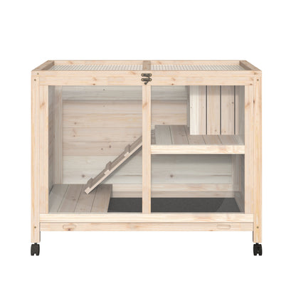 Natural Wood Rolling Rabbit Hutch for Indoor Pet Storage