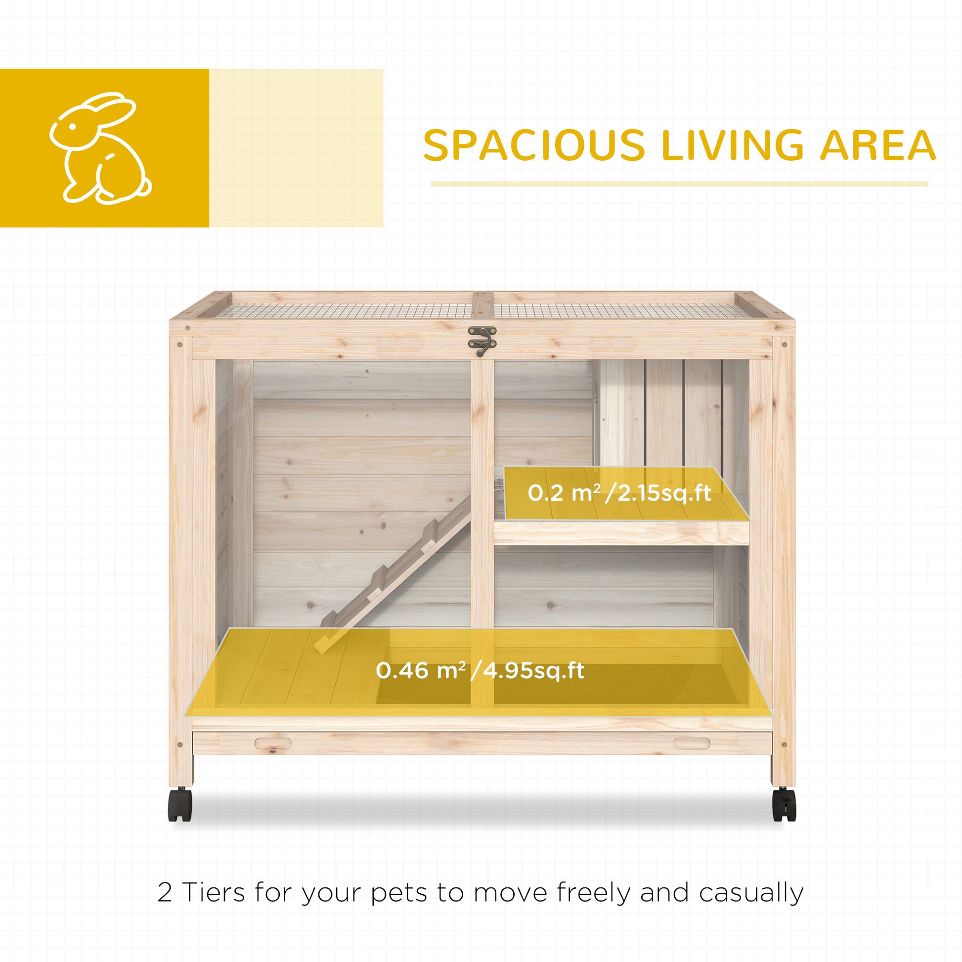 Natural Wood Rolling Rabbit Hutch for Indoor Pet Storage