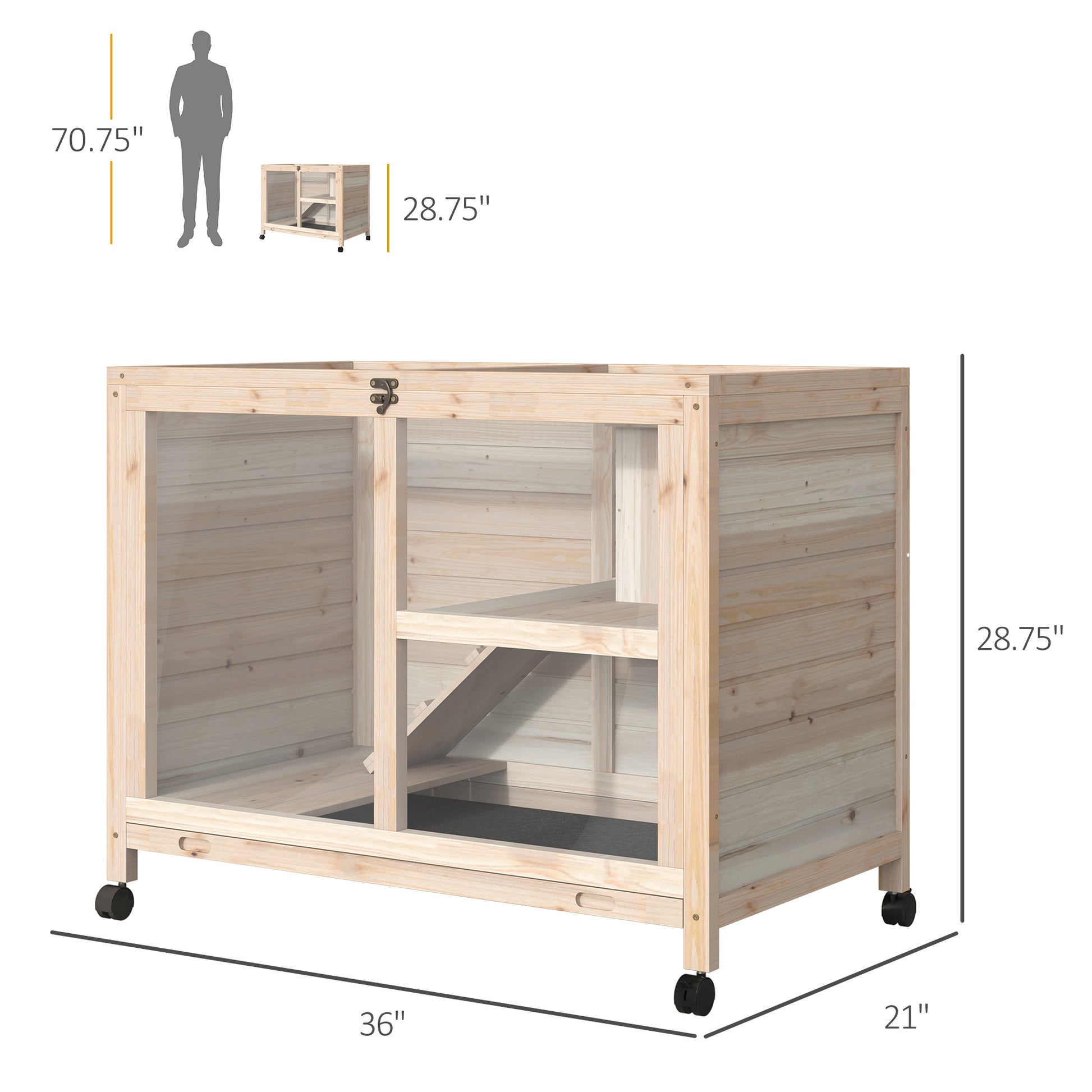 Natural Wood Rolling Rabbit Hutch for Indoor Pet Storage
