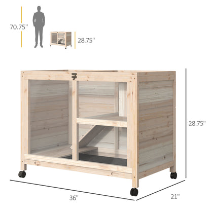 Natural Wood Rolling Rabbit Hutch for Indoor Pet Storage
