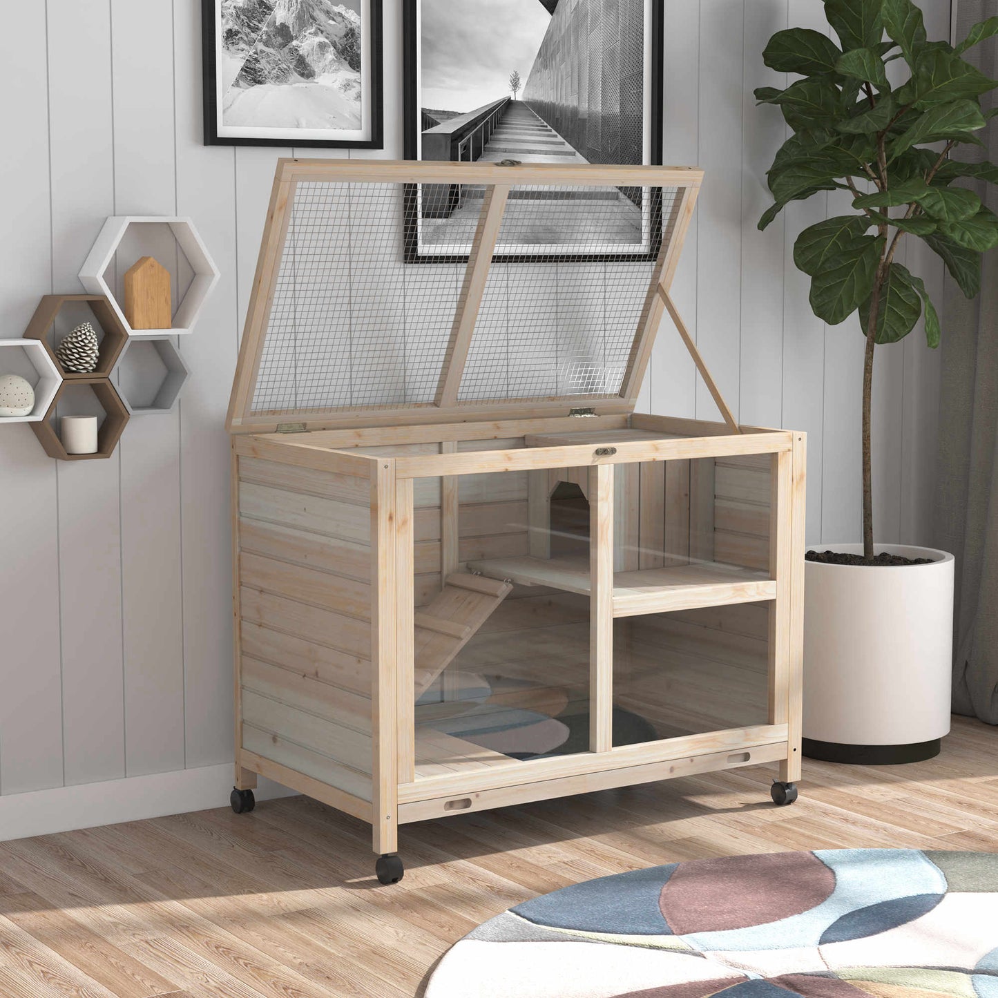 Natural Wood Rolling Rabbit Hutch for Indoor Pet Storage