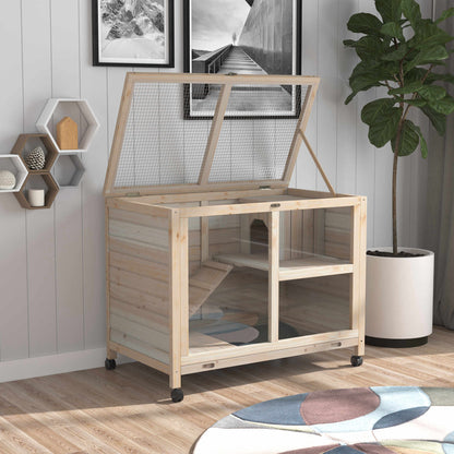 Natural Wood Rolling Rabbit Hutch for Indoor Pet Storage