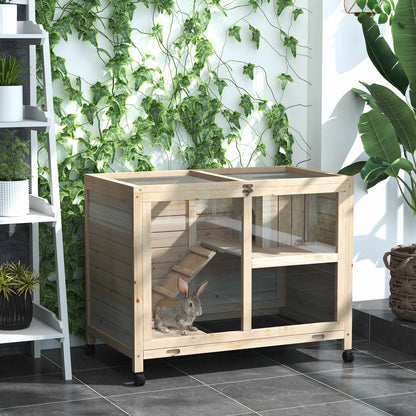 Natural Wood Rolling Rabbit Hutch for Indoor Pet Storage