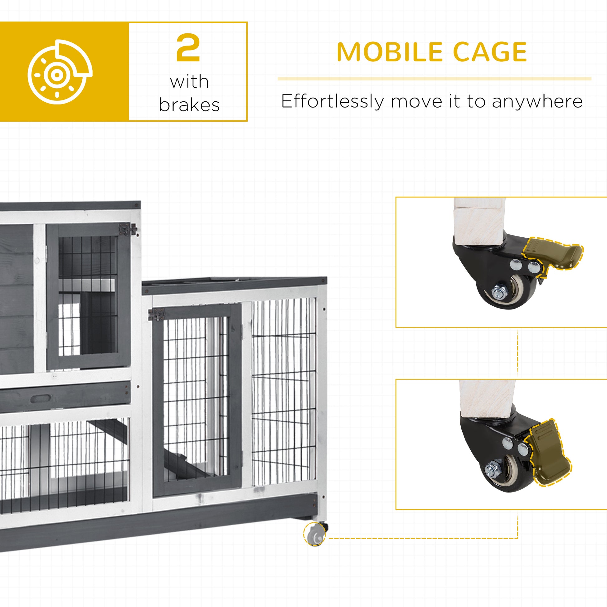 Grey White Wooden Rabbit Cage - 43" Elevated Bunny House with Wheels