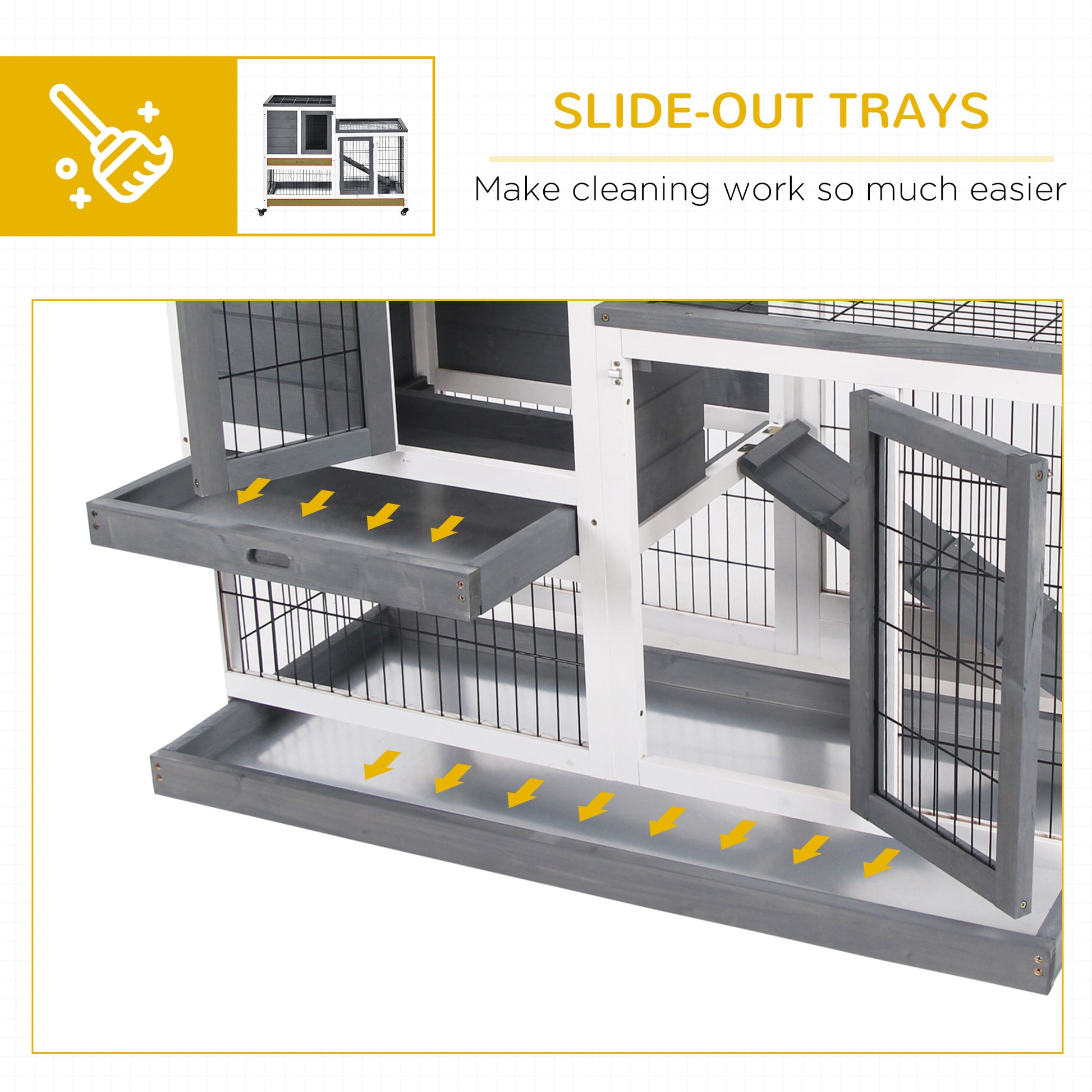 Grey White Wooden Rabbit Cage - 43" Elevated Bunny House with Wheels