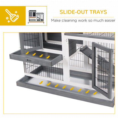 Grey White Wooden Rabbit Cage - 43" Elevated Bunny House with Wheels