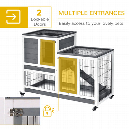 Grey White Wooden Rabbit Cage - 43" Elevated Bunny House with Wheels