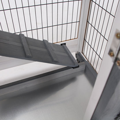 Grey White Wooden Rabbit Cage - 43" Elevated Bunny House with Wheels