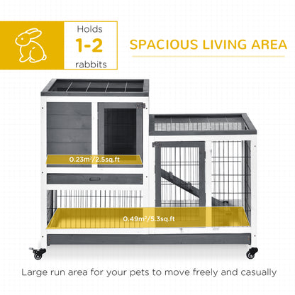 Grey White Wooden Rabbit Cage - 43" Elevated Bunny House with Wheels