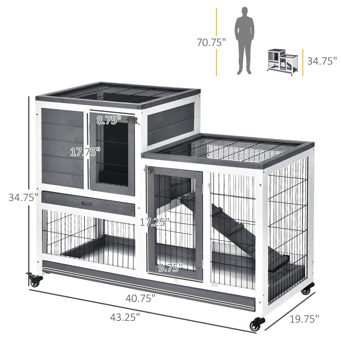 Grey White Wooden Rabbit Cage - 43" Elevated Bunny House with Wheels