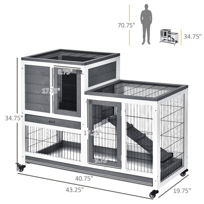 Grey White Wooden Rabbit Cage - 43" Elevated Bunny House with Wheels