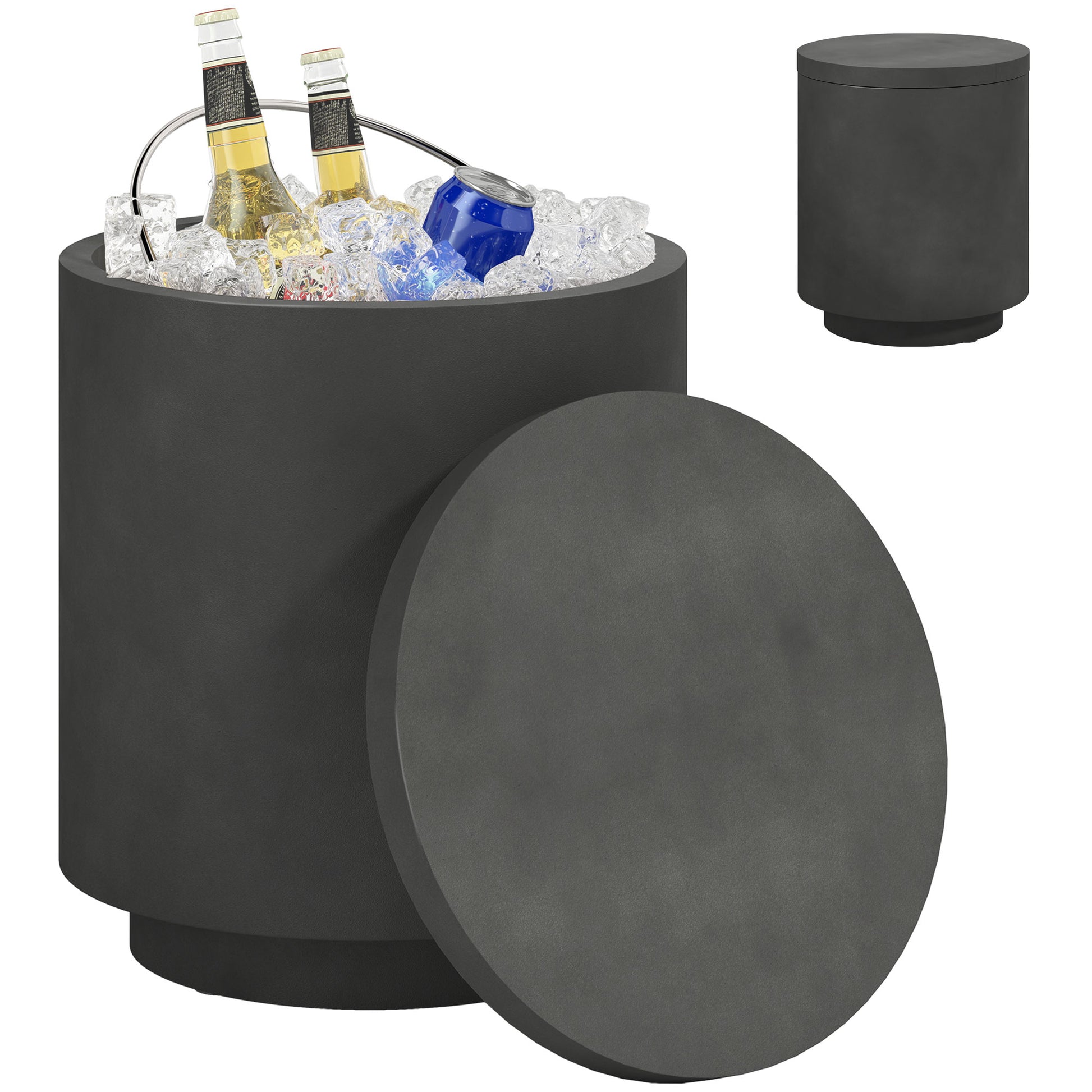 HOMCOM 2.6 Gal Outdoor Cooler Side Table, 3-In-1 Cool Bar Table with Storage, Removable Ice Bucket and Lid, Concrete Patio Table, Charcoal Gray