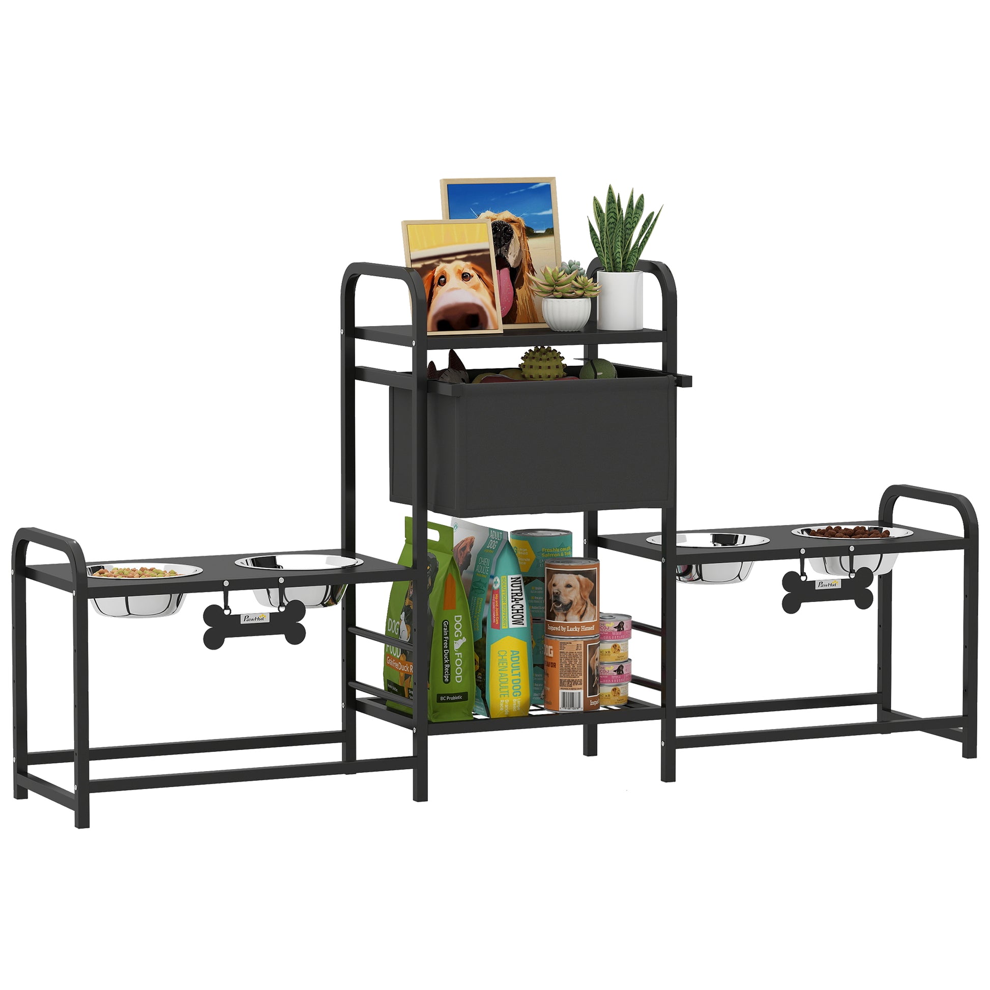PawHut Dog Bowl Stand with 2 Feeding Stations, 3 Height Adjustable Elevated Dog Bowls with Toy Bin Basket, Lifted Food and Water Bowl, Black
