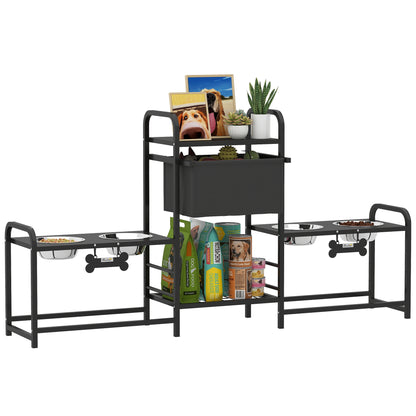 PawHut Dog Bowl Stand with 2 Feeding Stations, 3 Height Adjustable Elevated Dog Bowls with Toy Bin Basket, Lifted Food and Water Bowl, Black