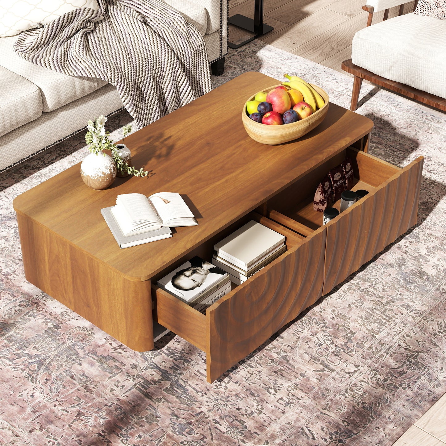 Walnut Brown Rectangle Coffee Table with Storage