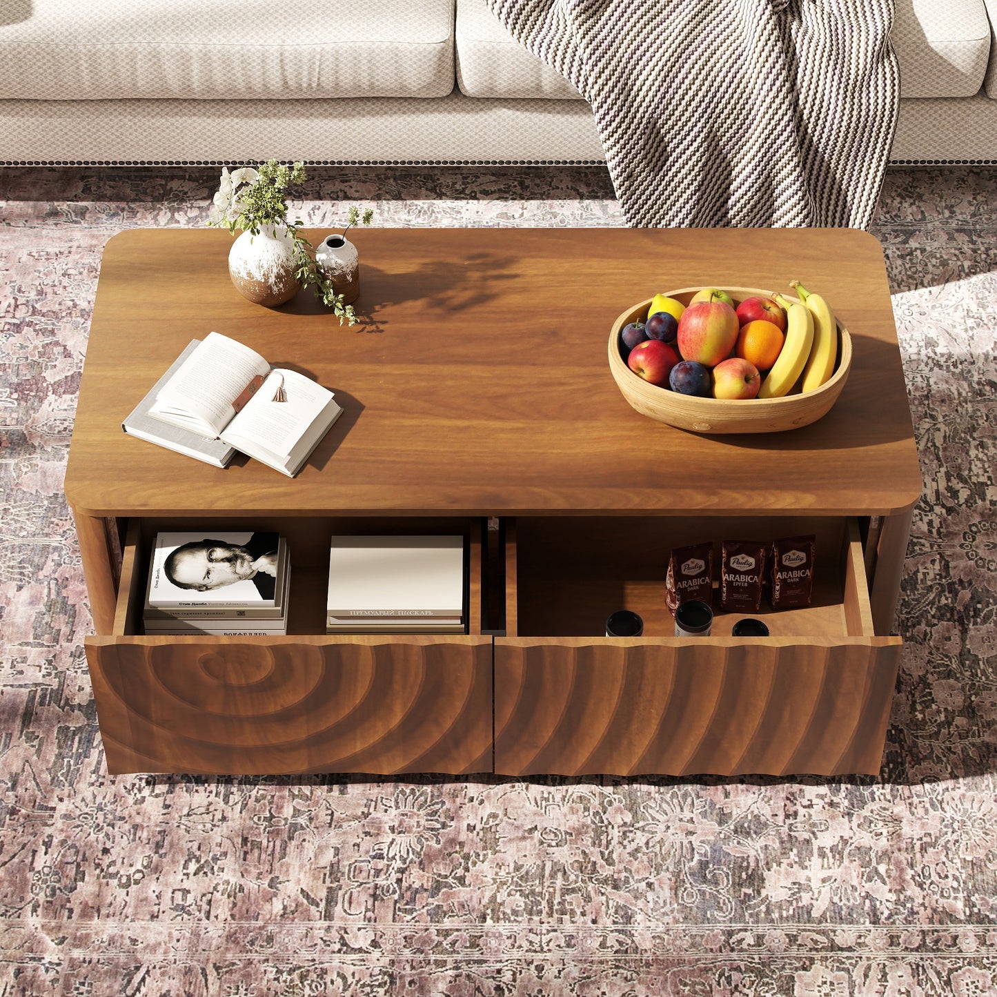 Walnut Brown Rectangle Coffee Table with Storage