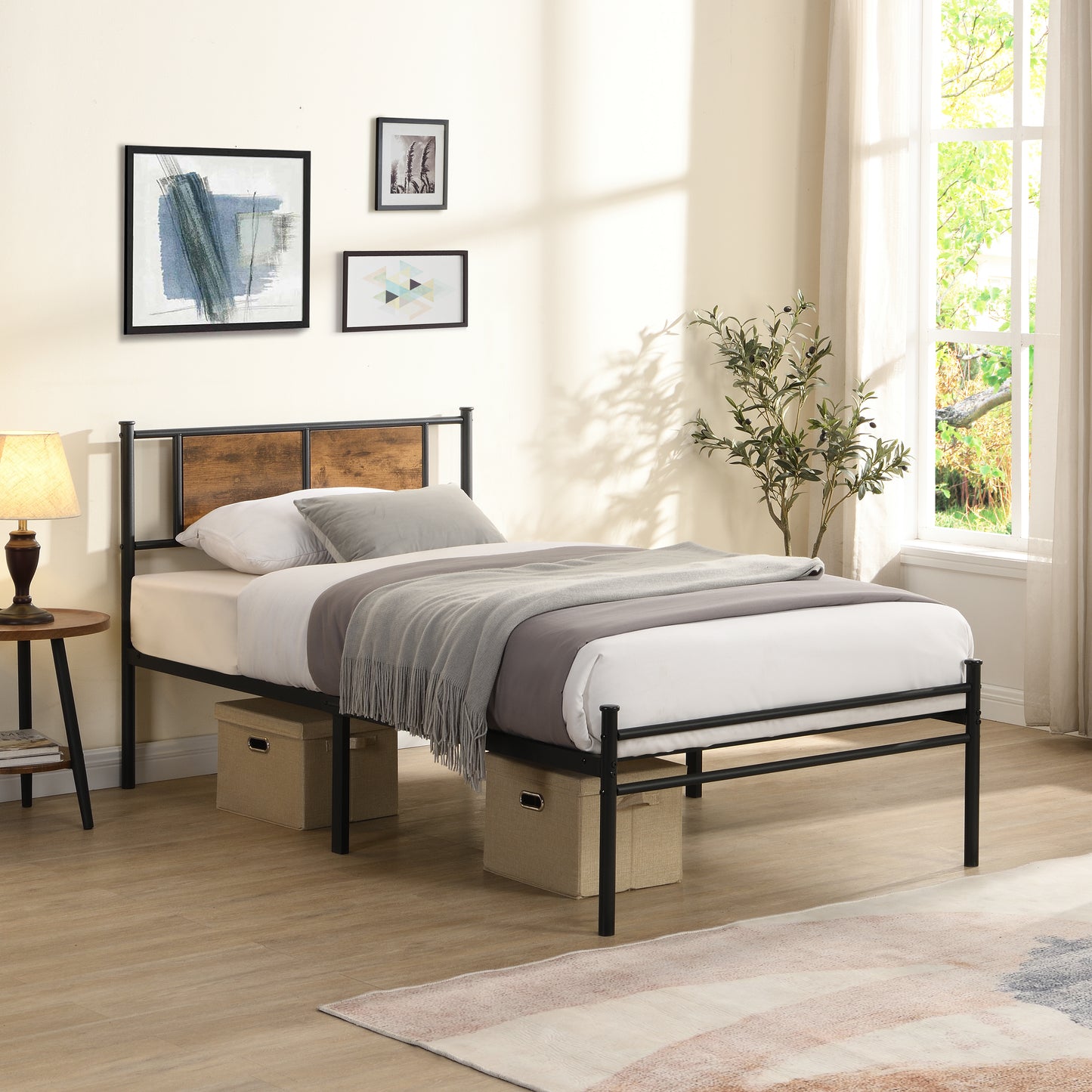 Twin Size metal bedframe,Headboard with wood panel decoration,black