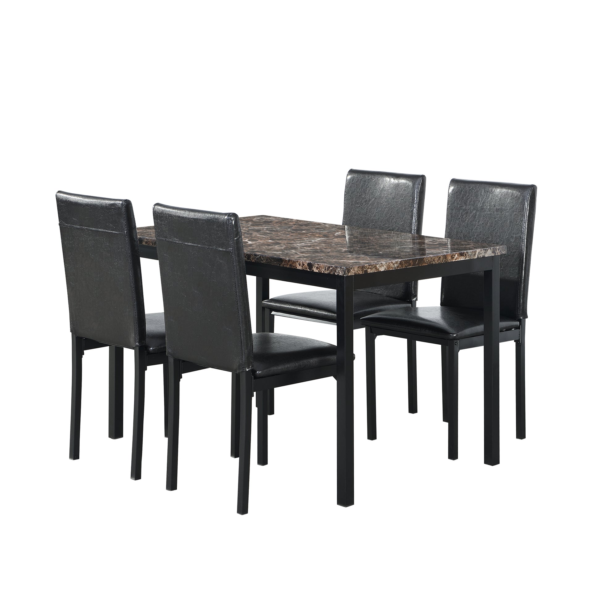 5 Piece Metal Dining Table Set with Faux Marble Top - Black for Dining Room
