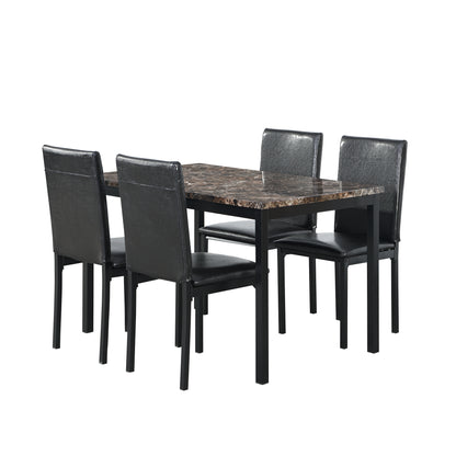 5 Piece Metal Dining Table Set with Faux Marble Top - Black for Dining Room
