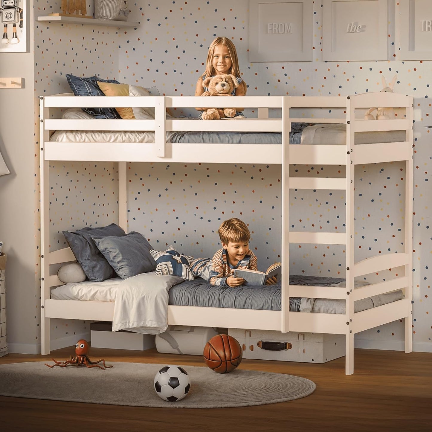 DFW Bunk Bed Twin Over Twin,  Pine Solid Wood Detachable Bed Frame with High Guardrails & Integrated Ladder, Wooden Slatted Bunk Bed for Teens & Adult, No Box Spring Needed, White